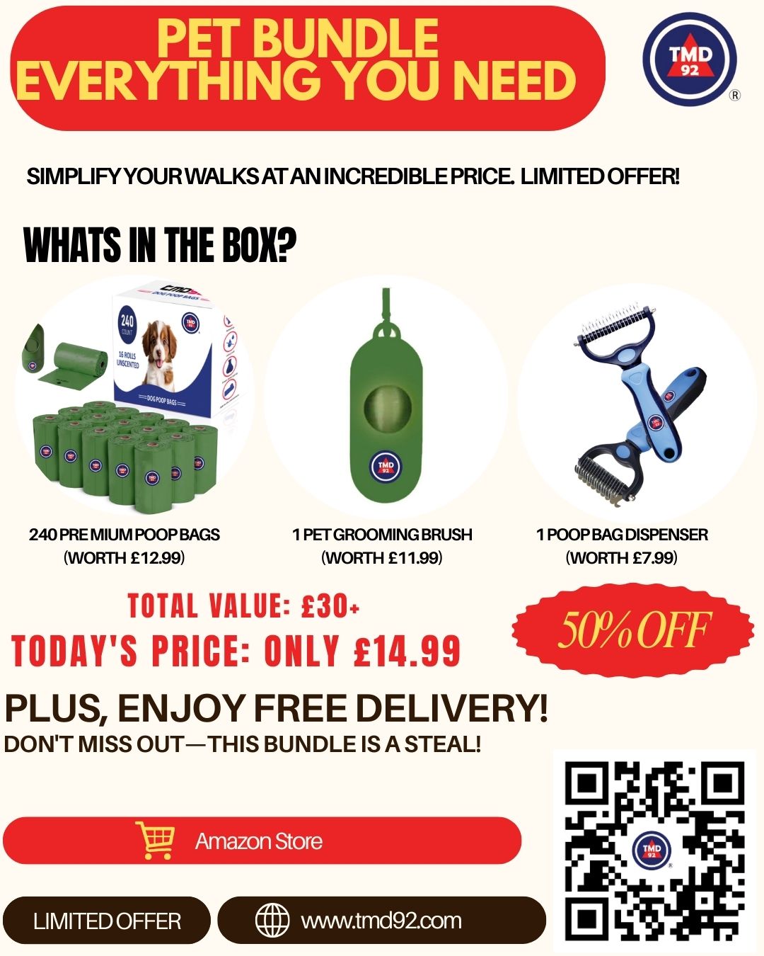 Dog Care Essentials Bundle – Poop Bags with Dispenser & Grooming Brush for Dogs and Puppies, Eco-Friendly Leak-Proof Waste Bags, Easy Cleaning & Walking Kit, Pet Accessories Gift Set- Free Delivery